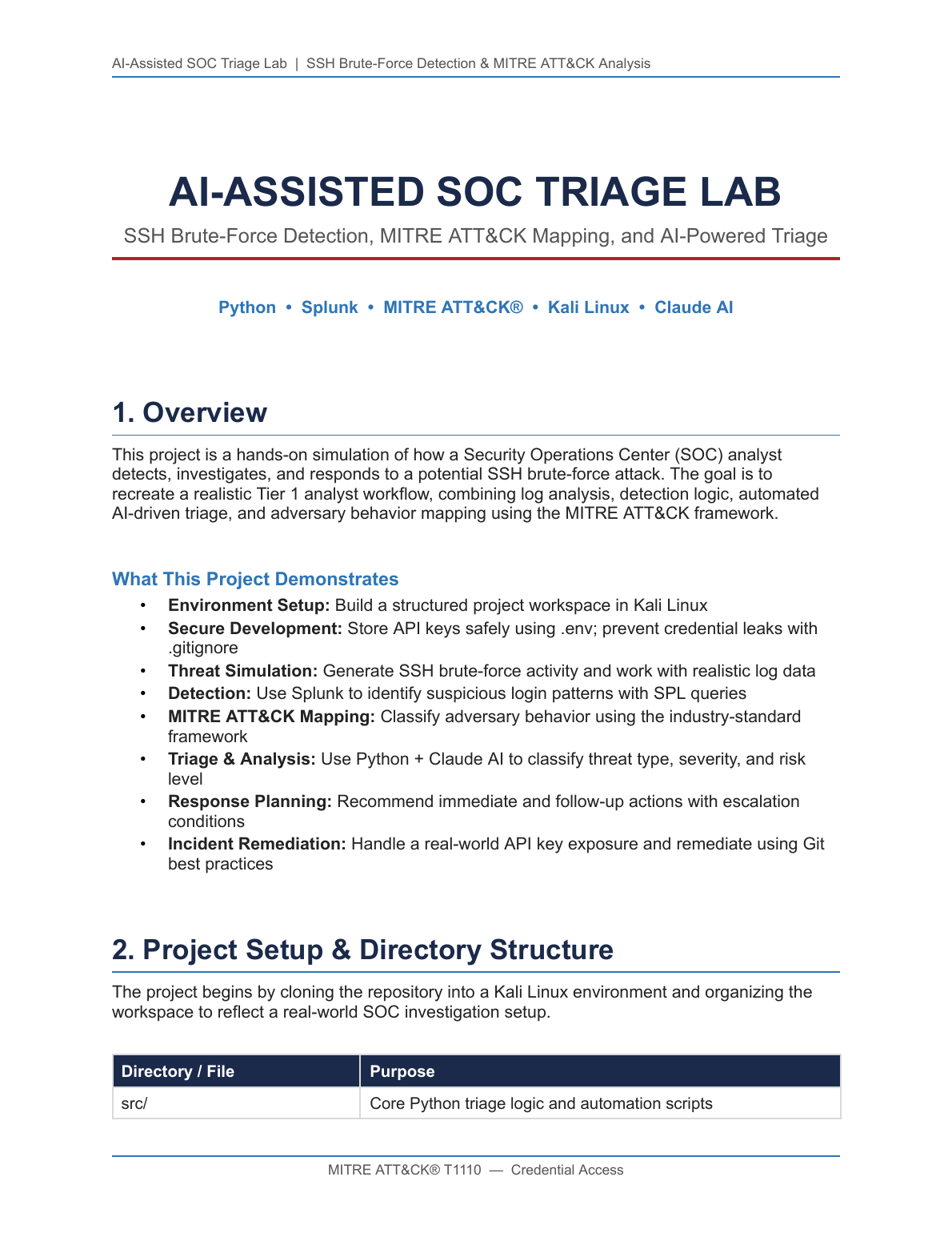 Cover page of the AI-Assisted SOC Triage Lab report — SSH Brute-Force Detection, MITRE ATT&CK Mapping, and AI-Powered Triage using Python, Splunk, MITRE ATT&CK, Kali Linux, and Claude AI.