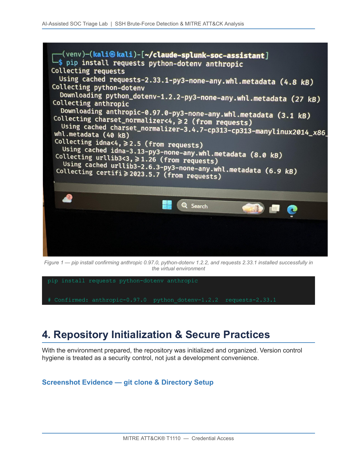 pip install screenshot confirming anthropic 0.97.0, python-dotenv 1.2.2, and requests 2.33.1 were installed successfully into the project's isolated virtual environment.